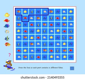 Logic puzzle for children and adults. Draw the lines so each part contains 6 different fishes. Educational game. Kids brain teaser book. Task for attentiveness. IQ test. Play online. Vector image.