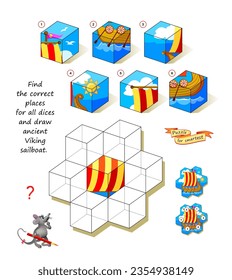 Rompecabezas lógico para niños y adultos. Encuentre los lugares correctos para todos los tipos y atraiga a la antigua velera Viking. Libro de colorear. Juego educativo para niños libro teaser de cerebro. Ilustración vectorial.