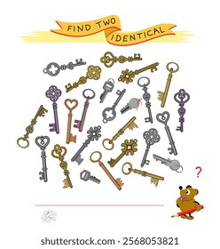 Logic puzzle for children and adults. Game Seek and Find. Can you find two identical keys? Page for kids brain teaser book. Task for attentiveness.  IQ test. Play online. Flat vector illustration.