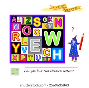 Logic puzzle for children and adults. Game Seek and Find. Can you find two identical letters? Page for kids brain teaser book. Task for attentiveness.  IQ test. Play online. Flat vector illustration.