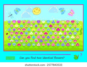 Logic puzzle for children and adults. Game Seek and Find. Can you find two identical flowers? Page for kids brain teaser book. Task for attentiveness. IQ test. Play online. Flat vector illustration.