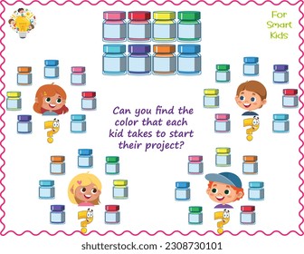 Logic puzzle for children. Can you find the color that each kid takes to start their project? Educational game. Page for kids brain teaser book. Task for attentiveness.