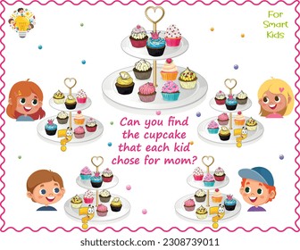 Logic puzzle for children. Can you find the cupcake that each kid chose for mom. Educational game. Page for the kids brain teaser book. Task for attentiveness.