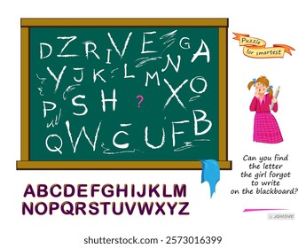Logic puzzle for children. Can you find the letter the girl forgot to write on the blackboard? Educational game. Page for kids brain teaser book. Task for attentiveness. Activity sheet. Vector image.