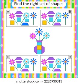 Logic puzzle for children. Find the correct set of flower vase. Preschool worksheet activity. Vector illustration. Answer is C.