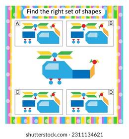 Logic puzzle for children. Find the correct set of helicopter. Preschool worksheet activity. Vector illustration. Answer is A.