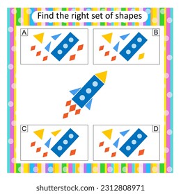 Logic puzzle for children. Find the correct set of rocket. Preschool worksheet activity. Vector illustration. Answer is D.