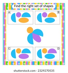 Logic puzzle for children. Find the correct set of cartoon beetle. Preschool worksheet activity. Vector illustration. Answer is C. 