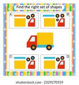 Logic puzzle for children. Find the correct set of cartoon truck. Preschool worksheet activity. Vector illustration. Answer is D. 