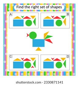 Logic puzzle for children. Find the correct set of cartoon rooster. Preschool worksheet activity. Vector illustration. Answer is D. 