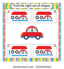 Logic puzzle for children. Find the correct set of cartoon car. Preschool worksheet activity. Vector illustration. Answer is D. 