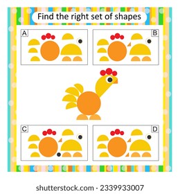 Logic puzzle for children. Find the correct set of cartoon rooster. Preschool worksheet activity. Vector illustration. Answer is B. 