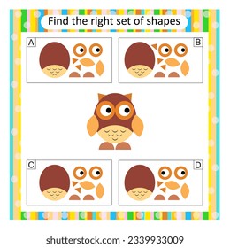 Logic puzzle for children. Find the correct set of cartoon owl. Preschool worksheet activity. Vector illustration. Answer is C.