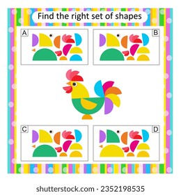 Logikpuzzle für Kinder. Finden Sie den richtigen Cartoon-Hahn-Satz. Aktivität des vorschulischen Arbeitsblattes. Antwort ist C.