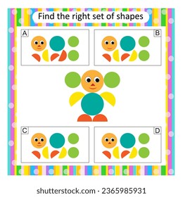 Logic puzzle for children. Find the correct set of cartoon animal. Preschool worksheet activity. Answer is C.