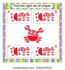 Logic puzzle for children. Find the correct set of cartoon crab. Preschool worksheet activity. Answer is B.