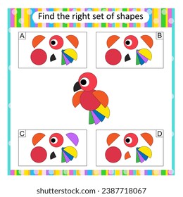 Logic puzzle for children. Find the correct set of cartoon parrot. Preschool worksheet activity. Vector illustration. Answer is A. 