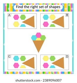 Logikpuzzle für Kinder. Finden Sie den richtigen Satz von Cartoon-Eis. Aktivität des vorschulischen Arbeitsblattes. Vektorgrafik. Antwort ist C. 