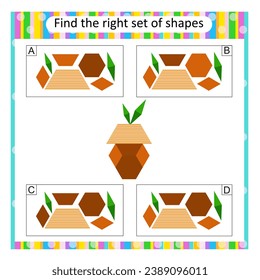 Logic puzzle for children. Find the correct set of cartoon acorn. Preschool worksheet activity. Vector illustration. Answer is D. 