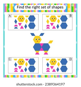 Logic puzzle for children. Find the correct set of cartoon animal. Preschool worksheet activity. Vector illustration. Answer is D. 
