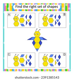 Logic puzzle for children. Find the correct set of cartoon bee. Preschool worksheet activity. Answer is B. 