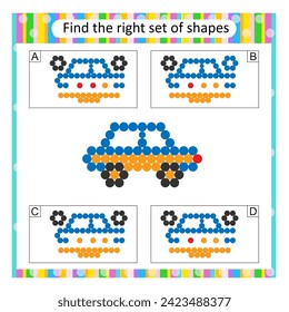 Logic puzzle for children. Find the correct set of cartoon car. Answer is D 