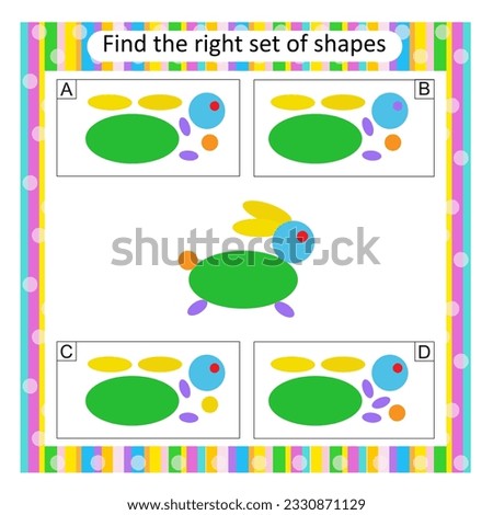 Logic puzzle for children. Find the correct set of cartoon hare. Preschool worksheet activity. Vector illustration. Answer is A. 