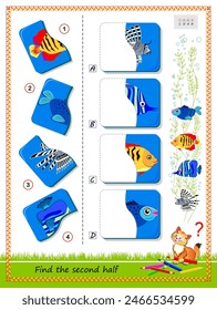 Logic puzzle for children. Find and draw second half of each fish. Educational page for kids. IQ test. Kids activity sheet. Online playing. Game task for attention. Flat illustration.