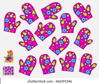 Logic puzzle for children. Need to find pair of mittens with absolutely identical pattern. Vector image.