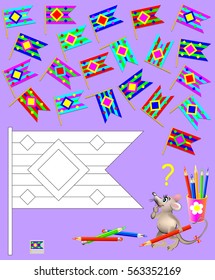 Logic puzzle for children. Need to find two identical flags and paint black and white drawing in corresponding colors. Vector cartoon image.