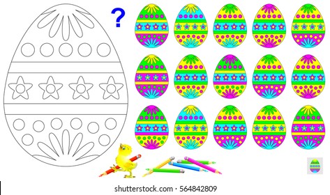 Logic puzzle for children. Need to find the only one unpaired egg and paint black and white drawing in corresponding colors. Vector cartoon image.