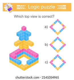 Logic puzzle for children. Which top vıew is correct? IQ training test. Printable worksheet. 