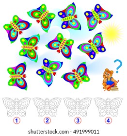 Logic puzzle. Count the number of identical butterflies. Paint them in corresponding colors. Vector cartoon image. 