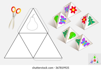 Logic puzzle. Draw the relevant images on the pattern, color and make by pyramid (as shown on the samples). Vector image. 