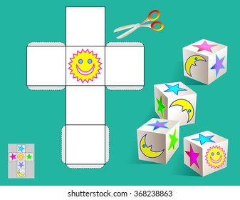 Logic puzzle. Draw the relevant images on the pattern, color and make by cube (as shown on the samples). Vector image. 