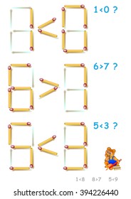 Logic puzzle. In each task add 1 matchstick to make the inequalities correct. Vector image.