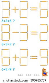 Logic puzzle. In each task move 2 pencils to make the equations correct. Vector image. 