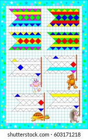 Logic puzzle exercises for little children on a square paper. Find the flag for each animal. Paint the patterns in corresponding colors. Vector image.