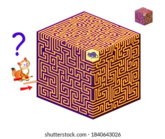 Logic Puzzle Game With 3D Labyrinth For Children And Adults. Help The Cat Find The Way To The Mouse. Worksheet For Kids Brain Teaser Book. IQ Test. Play Online. Flat Vector Illustration.