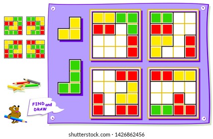 Logic puzzle game for baby book. Need to find the place for each detail in all squares and paint them. Worksheet for kids textbook. Back to school. Development of children spatial thinking skills.