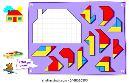 Logic puzzle game for baby coloring book. Need to find the place for each detail and paint white squares. Worksheet for kids textbook. Back to school. Development of children spatial thinking skills.