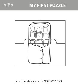 Logic puzzle game. Bar of chocolate. Printable page for jigsaw puzzle. Vector cartoon image. My first puzzle and coloring page