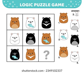 Logic puzzle game. Bear, polar bear. For kids. Squishmallow. Cartoon, flat, vector, eps 10, kawaii