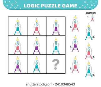 Logic puzzle game. Big rocket. For kids. Cartoon, flat, vector, eps 10