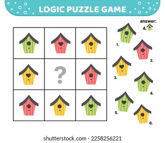 Logic puzzle game. Birdhouse. Nesting box. Educational game. For kids. Cartoon, flat, vector, eps 10