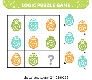 Logic puzzle game. Blue, orange, green Easter eggs. For kids. Cartoon, vector, eps 10
