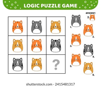 Logic puzzle game with cats. Squishmallow. For kids. Cartoon, kawaii, vector eps 10