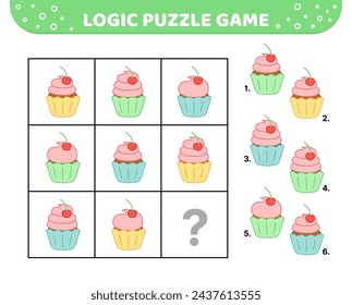 Logic puzzle game. Cherry cupcake. For kids. Cartoon, vector, eps 10