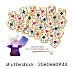 Logic puzzle game for children and adults. Find two identical playing cards. Memory exercises for seniors. Page for kids brain teaser book. Developing spatial thinking. Play online. Vector image.