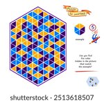 Logic puzzle game for children and adults. Can you find 5 cubes hidden in the picture that match the example? Develop spatial thinking. Task for attentiveness. Brain teaser book. Vector illustration.